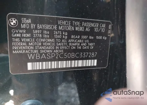 2011 BMW 535I Gran Turismo xDrive z USA, uszkodzony, nr VIN WBASP2C50BC337287